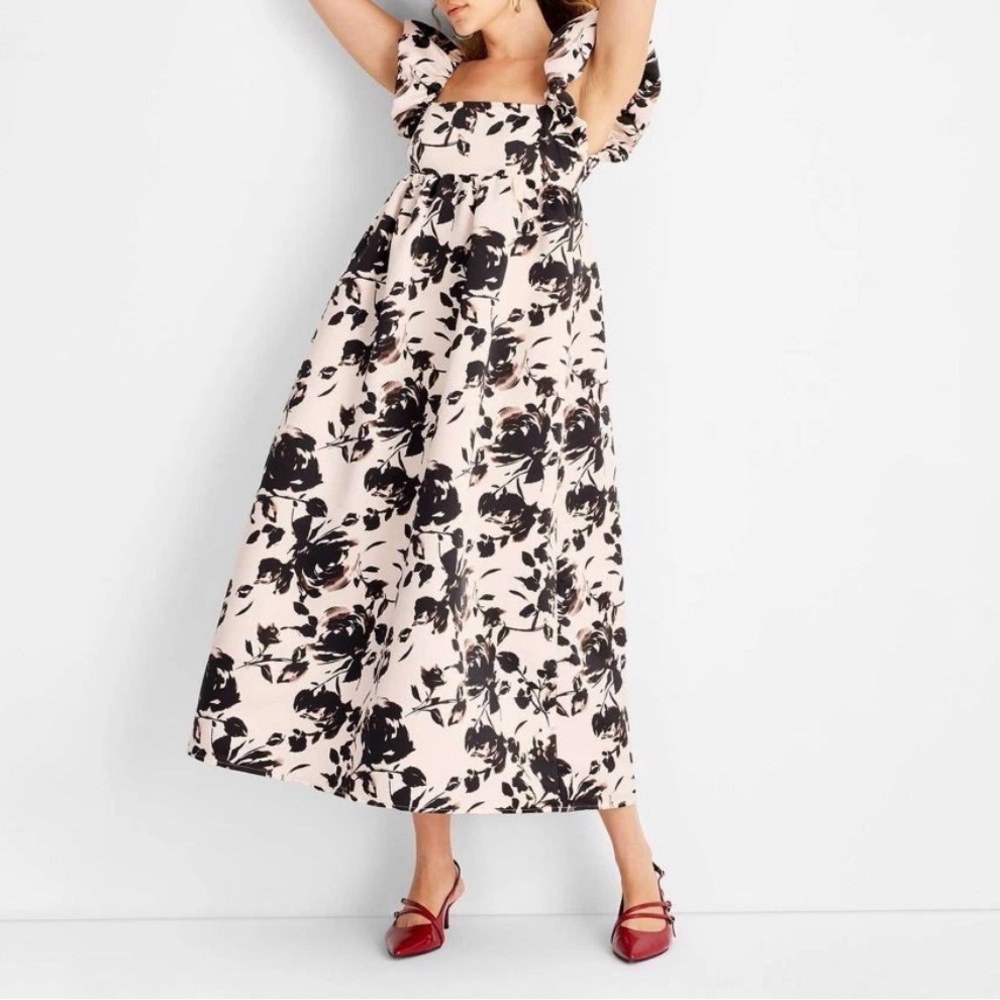 Future Collective Dress Ankle Length A Line Pink Black Floral Puff Size XS NWT